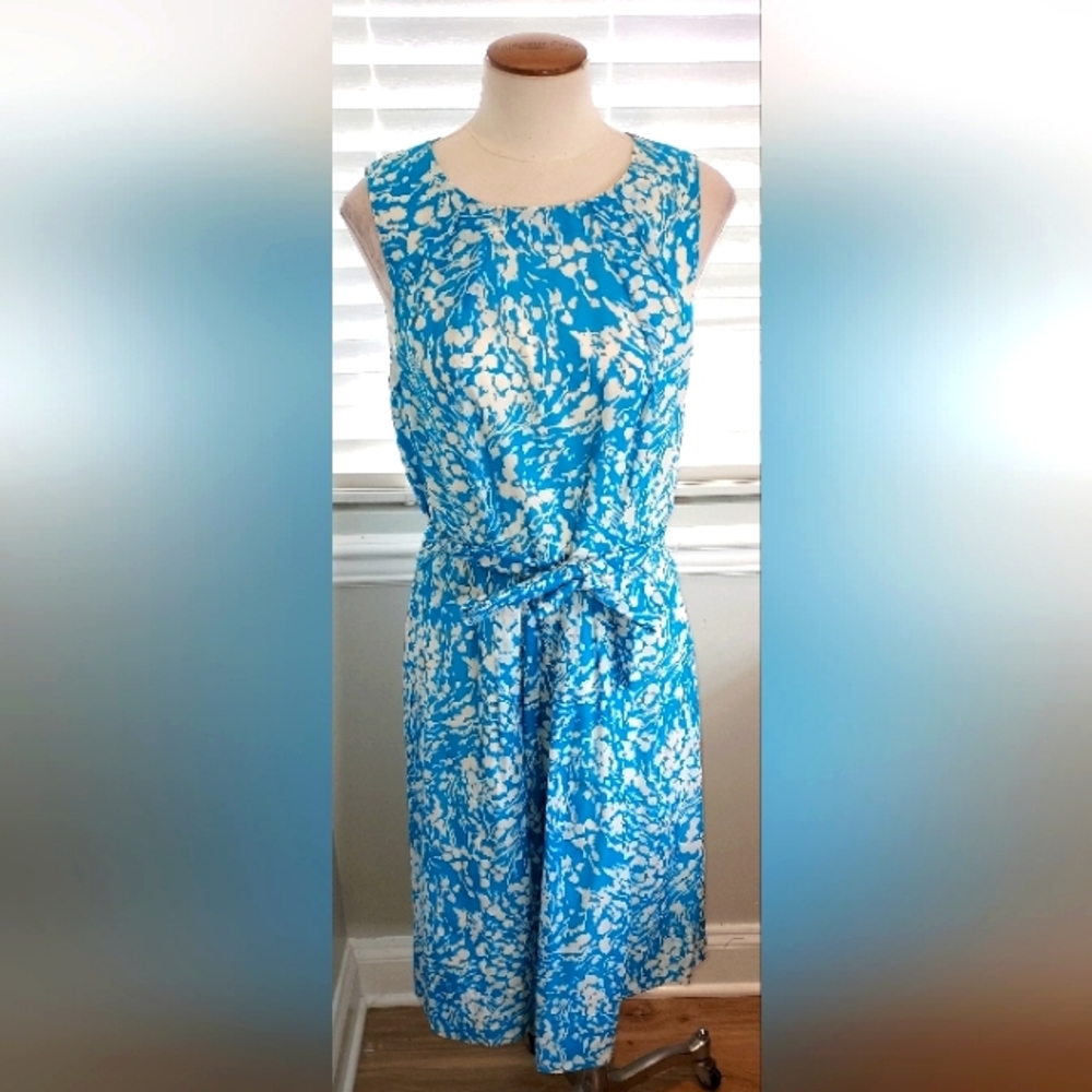 Talbots Blue/White Floral Sleeveless Lined Dress with Belt NWT
